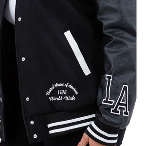 Top Quality <b>Short</b> Black Body with Leather <b>Sleeves</b> OEM Patch High Quality Newest Design Lettermen Varsity <b>Jacket</b> for Women 2025 - Product Image 5