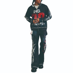 High Quality Winter Woven 100% Cotton Fleece Oversized <b>Zip</b> Pocket Drawstring <b>Hooded</b> Straight Wide Leg Vintage Man Tracksuit Set - Product Image 5