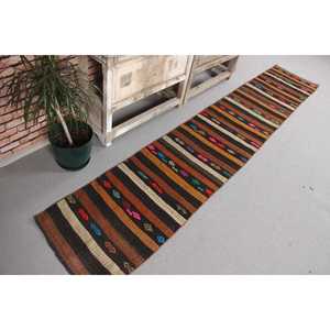 Vintage Turkish Rug, 1.8x10.2 ft Kilim Rug, <b>Brown</b> Red Floral <b>Wool</b> Rug - Product Image 3