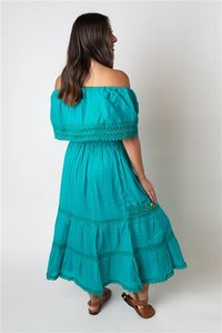 Precio más bajo mujeres sin tirantes elegante vestido de mujer tela de algodón fuera del hombro elegante bordado Sexy tobillo longitud Maxi vestido - Product Image 4