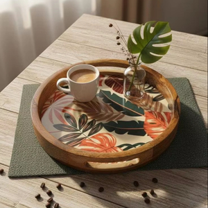 Plateau de service rond en bois décoratif fait à la main de luxe Poignées Table basse Décoration de la maison Boissons Nourriture R10 Artisanat Fabriqué en Inde - Product Image 1