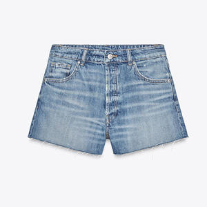 Pantalones cortos de mezclilla de diseño personalizado para mujer, estilo recto a la moda, botón orientado a la exportación, informal, diseño lavado, pantalón, cintura, dobladillo crudo - Product Image 5