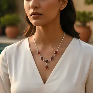 Collar Religioso Clásico de Plata 925 para Mujer con Piedra Preciosa de Cornalina, Cuarzo, Ágata, Zafiro, Turquesa, Concha de Coral - Product Image 1