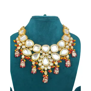 Ensemble de collier vintage en or Kundan avec pendentif rouge, magnifique bijou de mariée et de mariage pour filles, plaqué or - Product Image 3