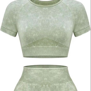ชุดออกกำลังกาย2ชิ้นสำหรับผู้หญิงชุดเล่นโยคะล้างกรดและเสื้อครอปเข้ากันกับกางเกงขาสั้น - Product Image 6
