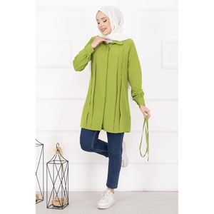 Camisa Hijab Verde Oliva de Longitud Completa con Botones Ocultos y Detalle de Pliegues, Blusa Modesta - Product Image 4