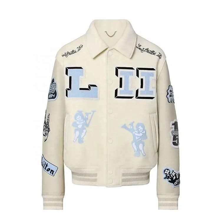 OEM Stylish Contrast Sleeve Varsity Jacket Patchwork Coated Embroidery Front High Street Style 100% Wool Fabric Soft Breathable