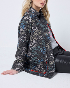 Chaqueta de Campo Utilitaria de Longitud Media para Mujer, Parka con Estampado de Leopardo Abstracto, Gris Azul, Estampado Animal, Prenda Exterior con Ribete Naranja Neón - Product Image 4
