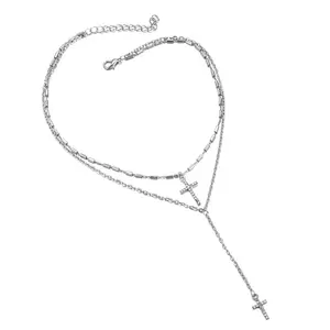 Collar con Colgante de Cruz de Cristal Dorado de Moda, Chapado en Rodio, Acero Inoxidable y Aleación, Joyería de Regalo - Product Image 3