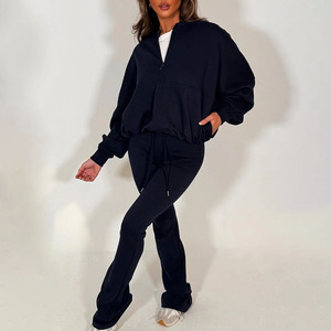 Wholesale Premium Navy Women's Plus Size Casual Solid 2-Piece Zip <b>Bell</b> Bottom Breathable Polyester/Cotton Fleece Tracksuit Set - Product Image 1