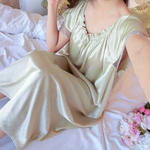 Camisón Sexy de Satén de Manga Corta para Mujer, Ropa de Dormir Larga, Ropa de Casa, Ropa de Estar, Pijama de Talla Grande para Verano y Primavera - Product Image 5