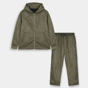 Ensemble de survêtement en daim vert olive personnalisé pour homme, veste zippée à capuche, pantalon de jogging, confortable pour tous les jours, survêtement en daim de luxe deux pièces - Product Image 1