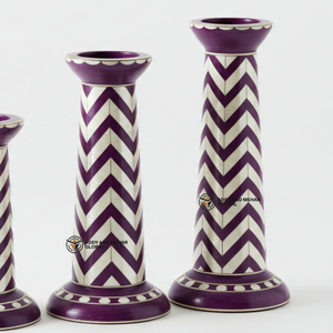 ผู้จัดจำหน่ายชาวอินเดียเสนอเชิงเทียนทรงเรียวฝังเปลือกหอย/มุกหรูหรา ลายเรขาคณิตเชฟรอนสีม่วงและสีขาว - Product Image 2