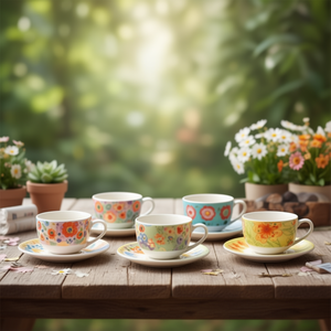 Set of 6 ceramic tea <b>cups</b> and <b>saucers</b>, FLOWERS, Assorted colors, Art 40 - Product Image 3