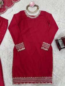 Conjunto de traje de imitación Georgette Sharara de primera calidad con trabajo de lentejuelas bordadas | Traje de fiesta de diseñador con Dupatta para mujer - Product Image 4