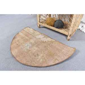 Alfombra Redonda Vintage de 2.4x1.5 pies, Alfombra Turca de Lana Beige con Bordes - Product Image 3