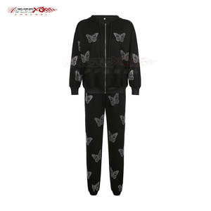 ชุดวอร์มประดับพลอยเทียมสำหรับผู้หญิงเสื้อแจ็กเก็ตซิปเต็มตัวและชุดวอร์มประดับพลอยเทียมสองชิ้นสำหรับผู้หญิง - Product Image 1