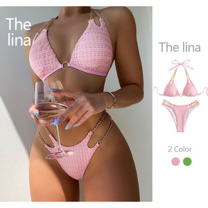 2024 nouveau licou métal anneau sangle chaîne trois points Type Crochet femmes matures Bikinis ensemble - Product Image 1