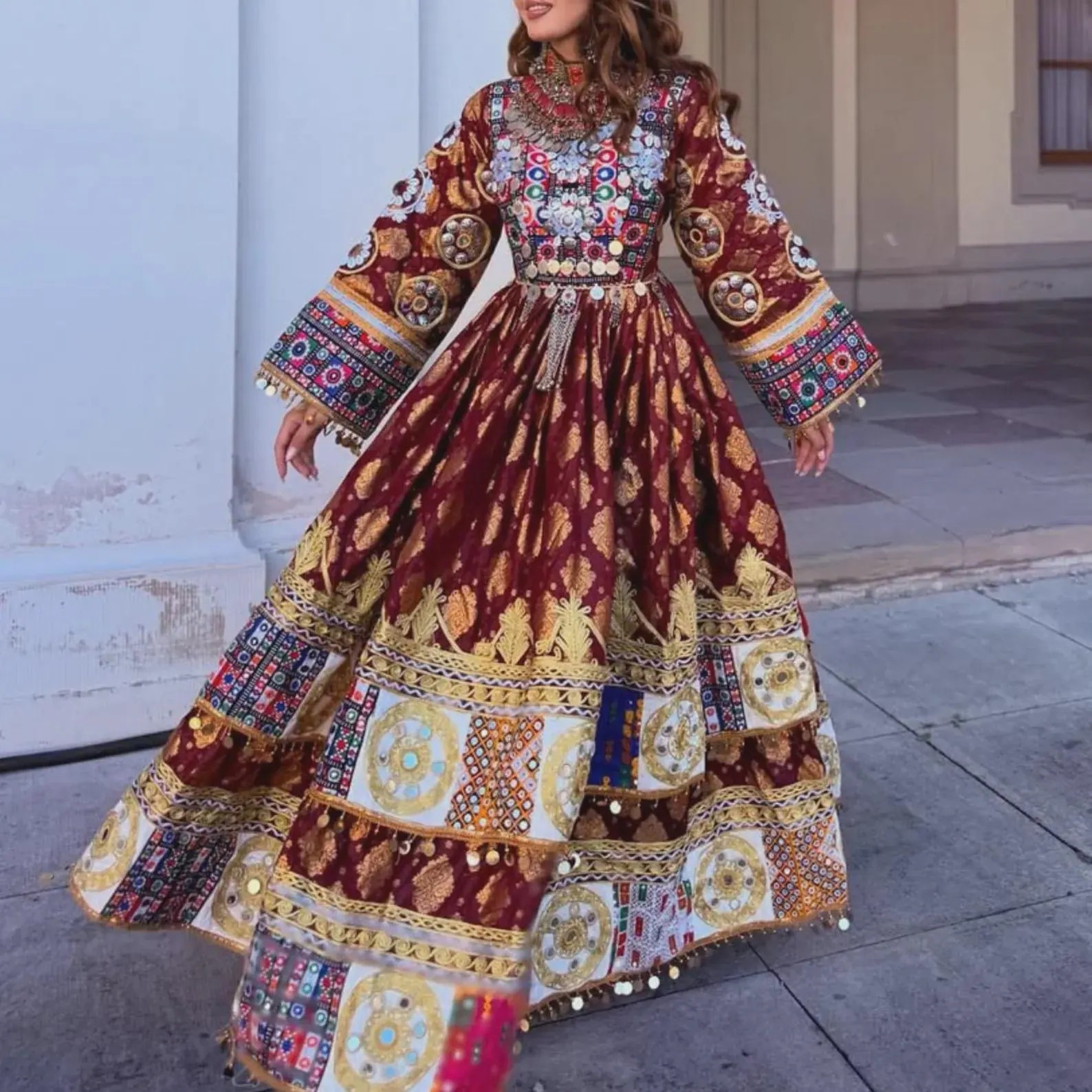 Wholesale Maroon Chiffon Dress Gold Ribbon Accents, Ideal For Eid |  Alibaba.com