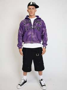 Sweats à capuche brodés en chenille personnalisés veste zippée en strass lavage à l'acide sweat à capuche vintage délavé en polaire pour hommes - Product Image 2