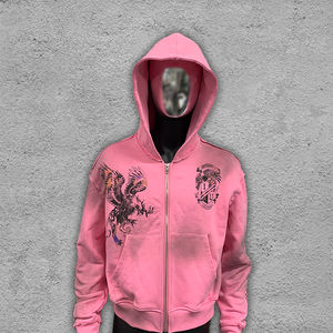 Custom Fancy Shaped Gems Decoration Zip up Hoodies Hombres, Graphic DTG Printed Heavyweight 100% Cotton Dirty Washed Hoodie - Product Image 1