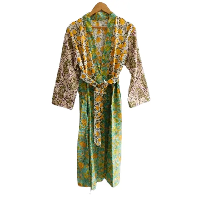 Kimono Panjang Katun Musim Panas Wanita, Gaun Jubah Pengantin Bercetak Blok Bunga