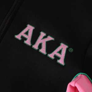 AKA Black Air Tech Fleece Warm <b>Up</b> <b>Jacket</b> Unisex Pink Green Trim Chenille Embroidery Greek Letter Premium <b>Zip</b> <b>Up</b> Athletic Fit - Product Image 4