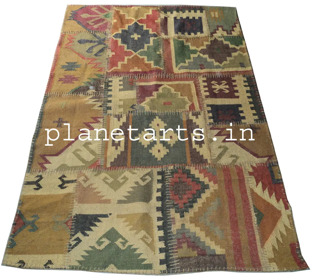 Hand Woven Jute Wool Patchwork Kilim Living Room Area Rug Bedside Rug Kitchen Rug 4x6 Feet factory price