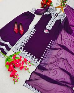 Ropa de fiesta Faux Georgette Kurta Pant con Dupatta Traje completamente cosido Vestido tradicional Hilo bordado Trabajo Ropa informal - Product Image 6