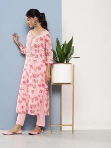 Ensemble Kurta Pant Dupatta imprimé floral rose Kota Doria indien pakistanais pour femmes de bureau, ensemble de costume Kurta prêt à porter en pur coton - Product Image 3