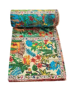 漂亮的复古Kantha被子可逆床罩毯子Kantha扔床罩手工被子拼布设计特大尺寸