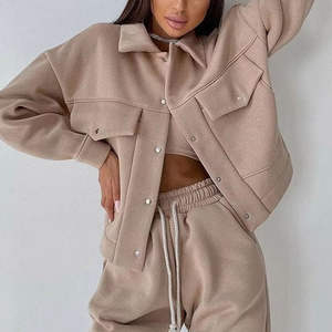 Custom Winter Women's 2-Piece Solid Color Tracksuit Set <b>Short</b> <b>Top</b> Long <b>Sleeve</b> Casual Hoodie Jogging Suit 2026 - Product Image 1