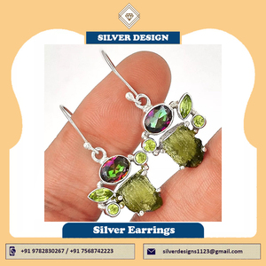 Genuine Moldavite Gemstone <b>Silver</b> <b>Dangle</b> <b>Earrings</b> for Women Moldavite & Rainy Topaz Natural Gemstone <b>Sterling</b> <b>Silver</b> <b>Earring</b> ODM - Product Image 2