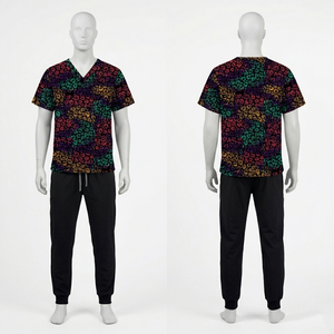 Ensemble de blouses médicales imprimées en polyester et élasthanne, motif léopard multicolore, logo personnalisé par sublimation - Product Image 1