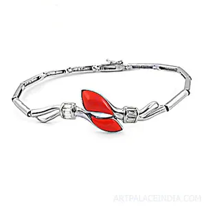 Bracelet manchette en alliage plaqué argent avec cœur en corail pour femme, style vintage, idéal comme cadeau - Product Image 5