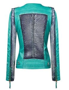 Women's Color Blocked PU Leather Motorcycle Jacket Long Sleeve Stand Collar Zipper Closure Breathable Autumn Style - Product Image 5