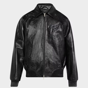 Vestes pour hommes Blouson aviateur en cuir pour hommes avec broderie dragon Veste noire élégante pour hommes Fermeture à glissière Casual Fashionable - Product Image 1