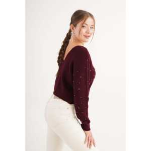 Pull brodé bordeaux rose pour femme avec dos nu – Vente en gros - Product Image 1