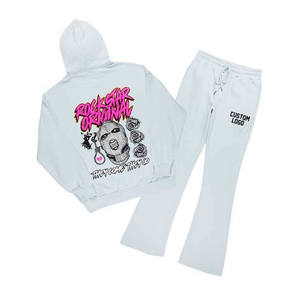 Streetwear, chándal lavado con ácido para hombre, conjunto de pantalones de chándal con capucha acampanados crudos bordados desgastados - Product Image 5