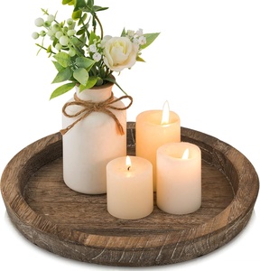 Bandeja Redonda de Madera para Servir con Florero y Velas, Apta para Alimentos, Acabado Pulido, Decorativa para Uso Residencial - Product Image 1
