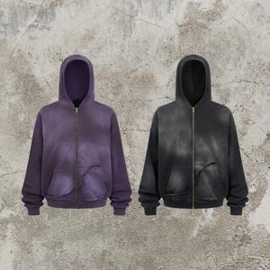 Sudadera con Capucha Corta Personalizada de Estilo Urbano, Lavado Ácido Decolorado al Sol, con Pedrería, Desgastada, con Cierre y Aberturas, para Hombre - Product Image 3