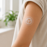 Patch adhésif personnalisé découpé sur mesure en non-tissé et film PU pour capteur CGM avec coque protectrice, protection de capteur CGM en gros