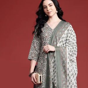 Mujeres motivos étnicos impreso algodón Kurta con pantalones y con Dupatta indio Pakistán Salwar kameez traje - Product Image 1