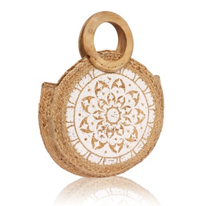 Sac cabas rond en jute tressé style bohème avec poignée en bois, motif uni, tendance, fermeture ouverte, léger, pour la plage - Product Image 2