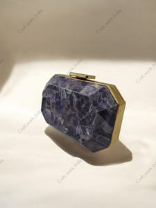 Pochette octogonale en mosaïque de pierres d'améthyste avec cadre doré, sac de luxe en pierre fait à la main, sac de soirée pour les mariages, cadeau pour elle - Product Image 3