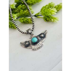 Kingman Turquoise Sterling Silver Pendant Eagle Shape Bezel Setting Rhodium Box Princess Cut Diamond-Chimney Butte Collection - Product Image 4