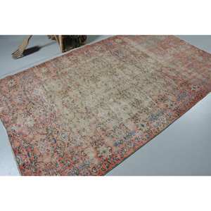 Vintage Turkish Rug Classic 5.5ft X 9.1ft Orange Beige Wool Large Area Statement Piece Latex Patchwork for Hallway Room Rug - Product Image 2