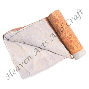 Cubrecama Kantha Individual, Manta Hecha a Mano, Sábana, Cubrecama Reversible, Estampado Floral, Manta India Reversible - Product Image 2