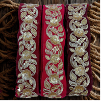 Bordures en dentelle brodées de paillettes sur base de velours écologique, sur mesure, de qualité supérieure, motif floral, style vintage pour mariage