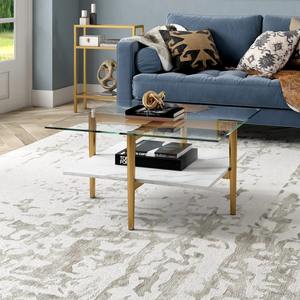 Mesa de Centro Moderna y Ecológica de Mármol Cuadrado con Cubierta de Vidrio Tintado de Lujo y Detalles Dorados en el Marco Metálico para Sala de Estar - Product Image 5